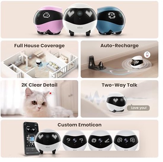 Robot Camera - Huisdier Camera - Huis Bewaken - Aanpasbare Emoticons - 2K Resolutie - Roze — afbeelding 2