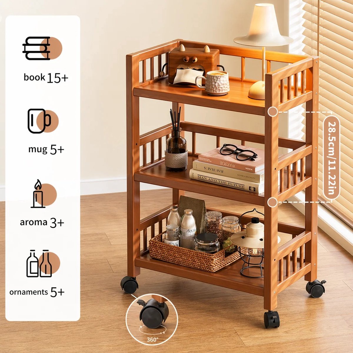 Dailygoods 3-laags slanke bamboe opbergwagen op wielen, 360 ° Vergrendelbare wielen, smalle hoekplank voor keuken, badka