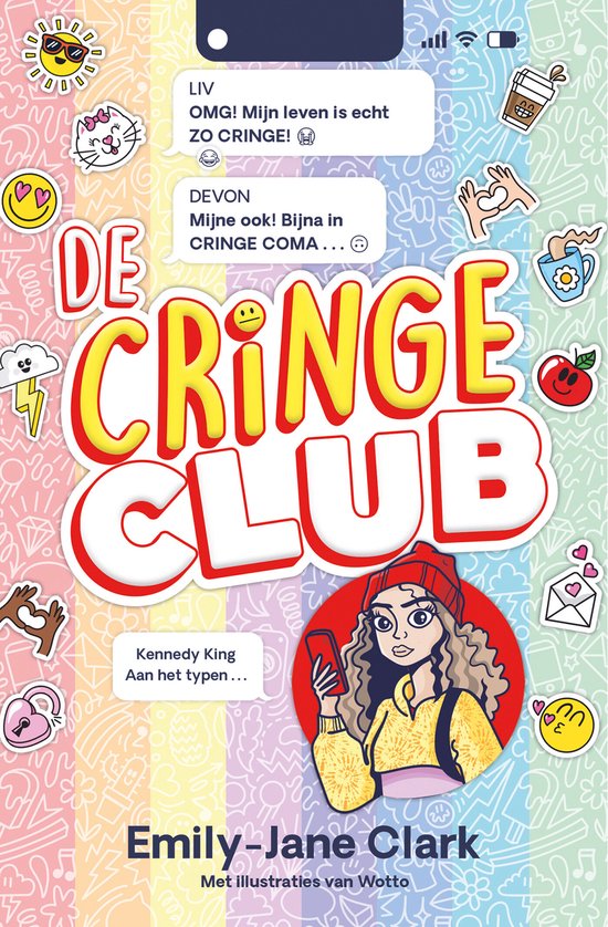 Boekomslag met de titel 'DE CRINGE CLUB' in grote, opvallende letters. Een illustratie van een meisje met krullend haar, een gele trui en rode muts, kijkt naar haar telefoon. De achtergrond is een regenboog met diverse stickers.
