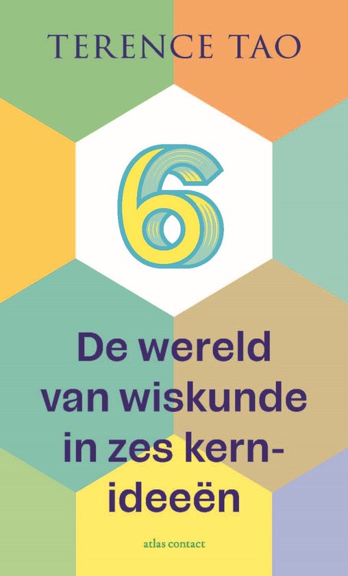 Boek "De wereld van wiskunde in zes kernideeën" door Terence Tao, met een geometrisch patroon en het cijfer 6.