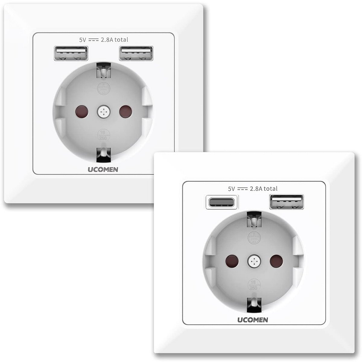 Stopcontact met USB - Wandcontactdoos Lader - Apparaten Opladen - 3-in-1 Functionaliteit - 2 Stuks - Wit