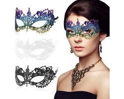 Mascarade Maskers - Kant Masker - Feestelijke Gelegenheden - Set van 3 - 20 x 9 cm - Zwart