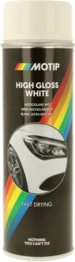 Motip spuitbus Acryl Hoogglans Wit. Met 25% extra inhoud, een racevlag design en een afbeelding van een witte auto.