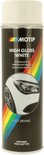 Motip spuitbus Acryl Hoogglans Wit. Met 25% extra inhoud, een racevlag design en een afbeelding van een witte auto.
