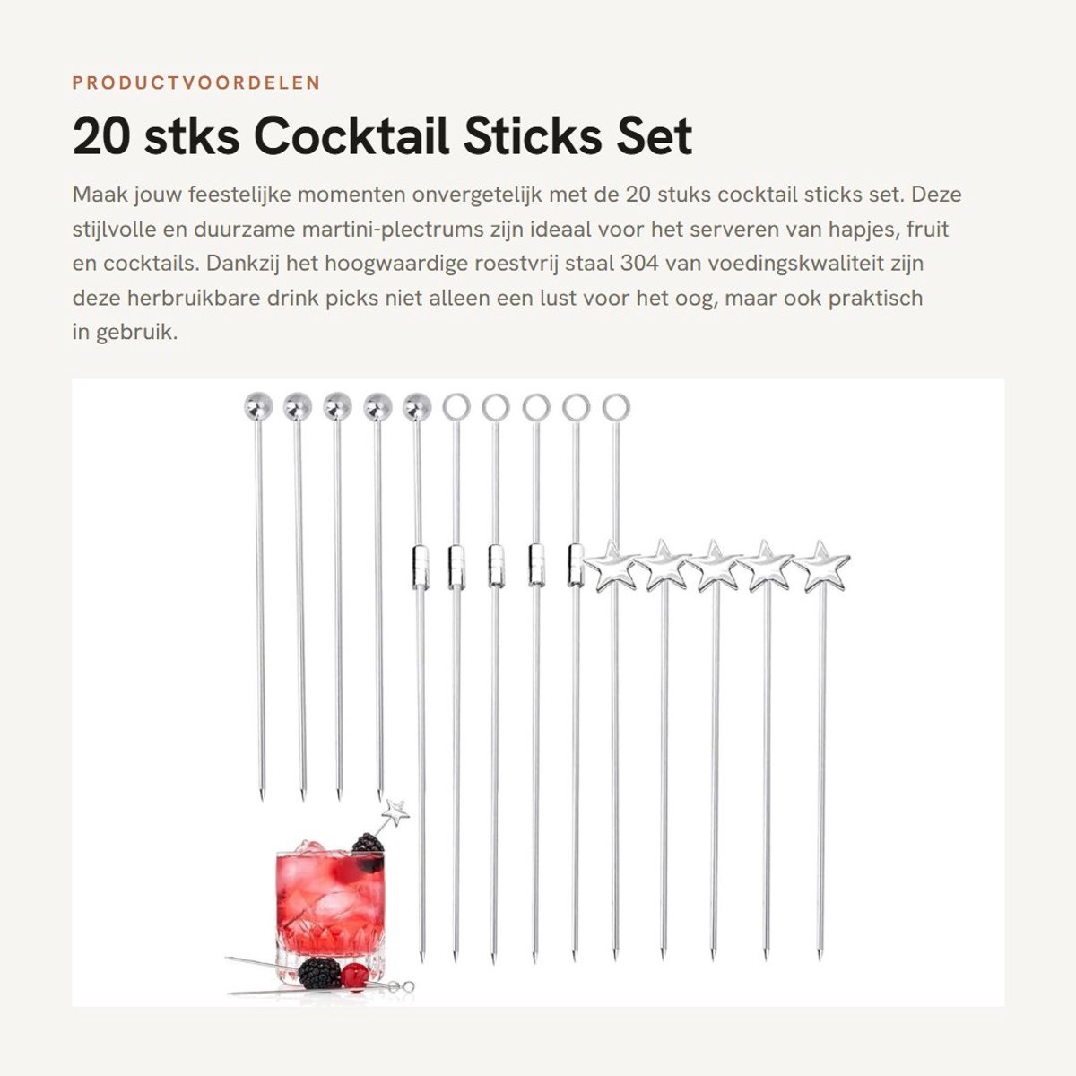 Dailygoods- Cocktailprikkers Herbruikbaar - 20 Stuks - Roestvrij Staal - Vaatwasmachinebestendig - Decoratieve Toppen - Duurzaam Materiaal - Drankprikkers