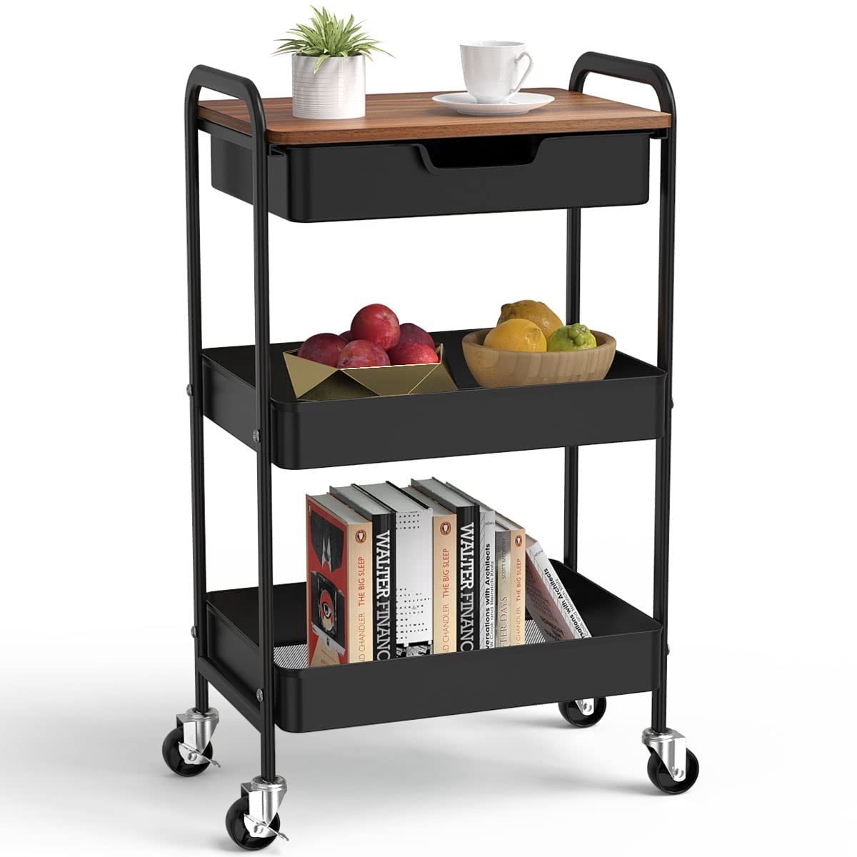 Dailygoods- Keukentrolley 3-laags - Rolwagen met lade - Houten tafelblad - Flexibele wielen - Multifunctionele serveerwagen - Ideaal voor keuken/badkamer