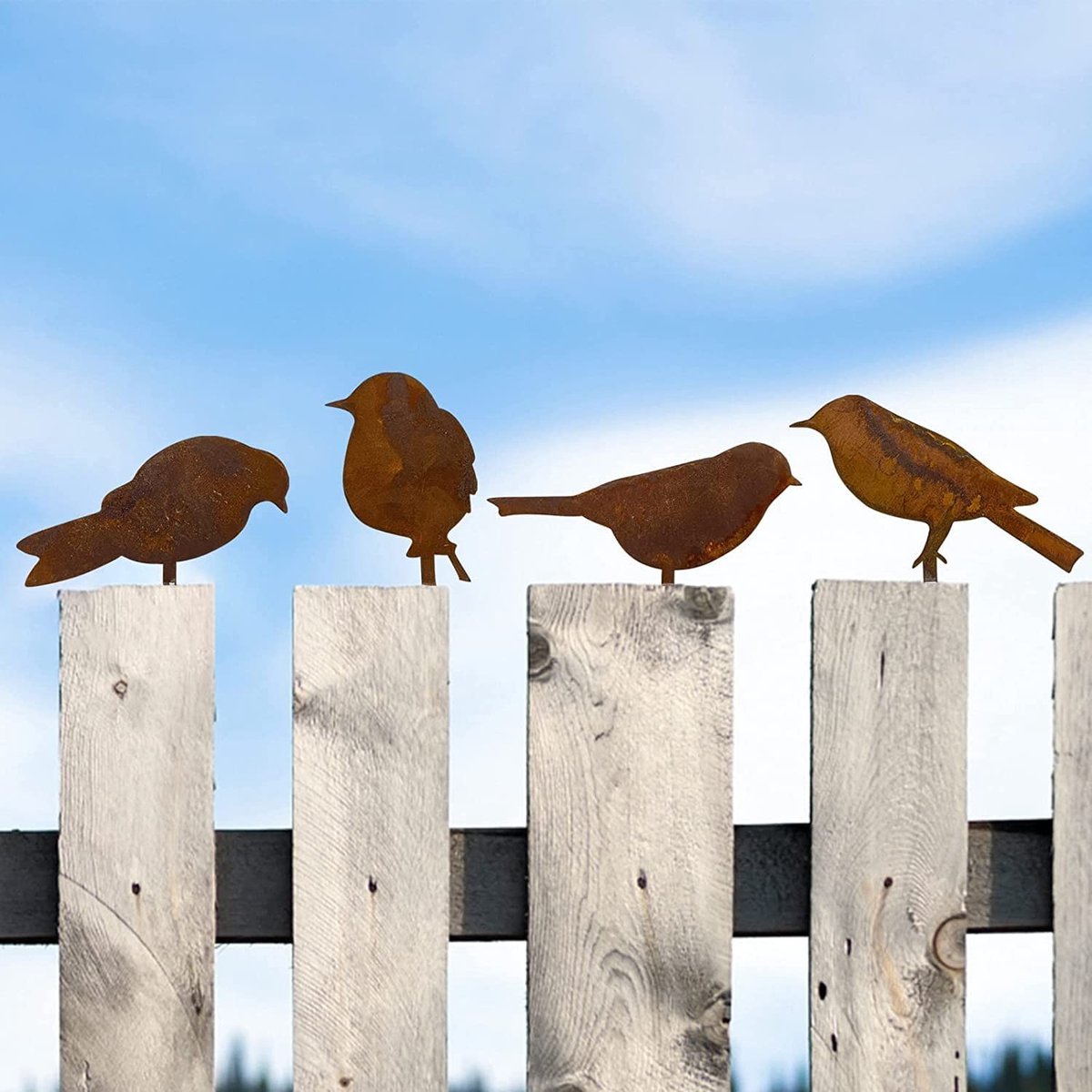 Dailygoods- Vogeldecoratie Roestlook - Tuindecoratie - Vogelsteker - Muurdecoratie Buiten - Hekfiguren - Duurzaam IJzer - Set van 4