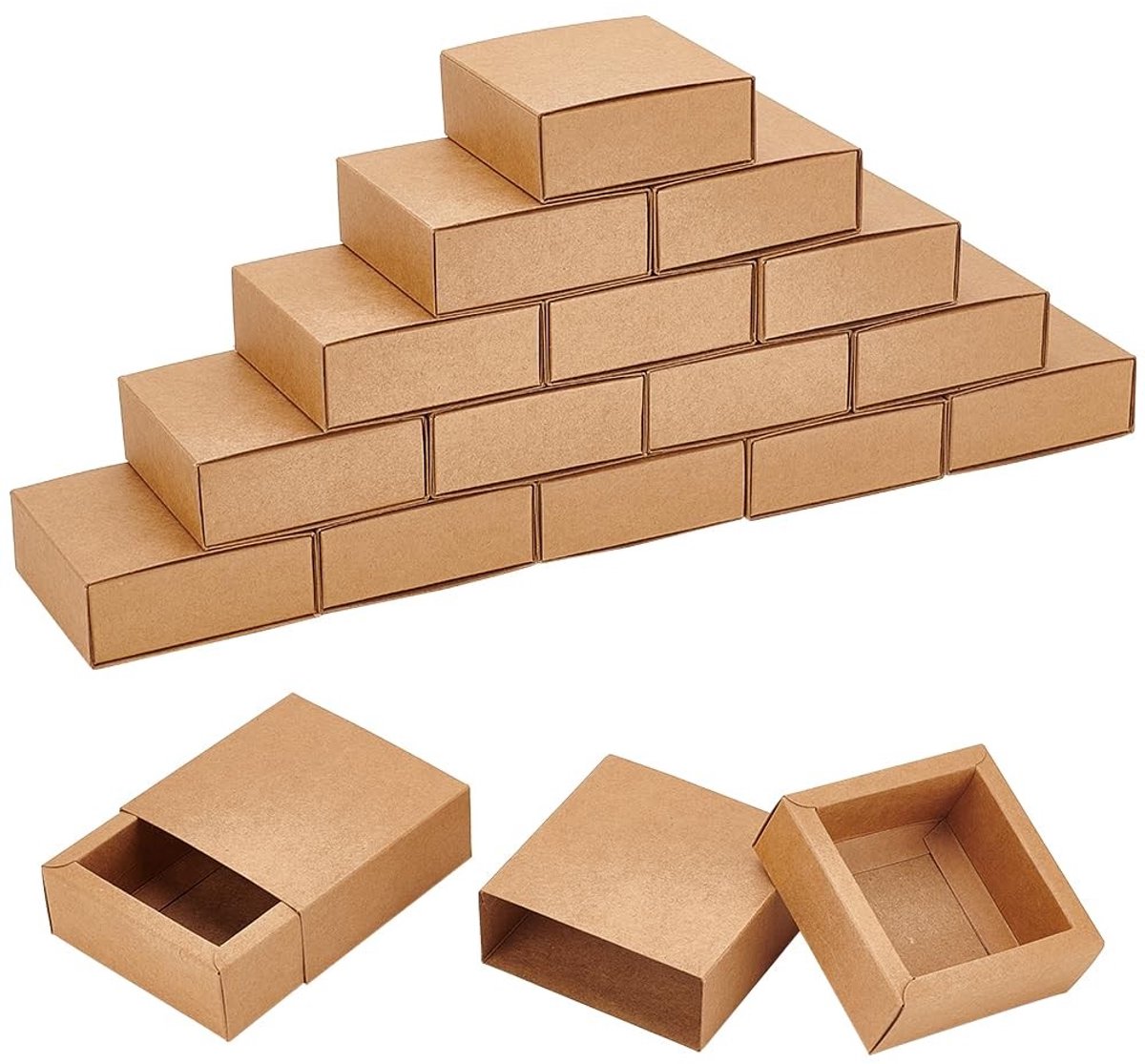 Dailygoods- Geschenkdoos Stevig Kraftpapier - Doos met 20 Laden - Bruin Vierkant - 8,3 x 8,3 x 3,2 cm - Cadeauverpakking - Sieradenverpakking - Cadeaudoos