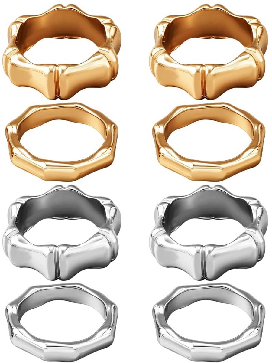 Dailygoods- Scharnierringen set van 8 - Bamboe design - Goud/zilver - 18,5 mm binnendiameter - Ringaccessoires voor vrouwen - Inclusief opbergdoos - Vingerringen