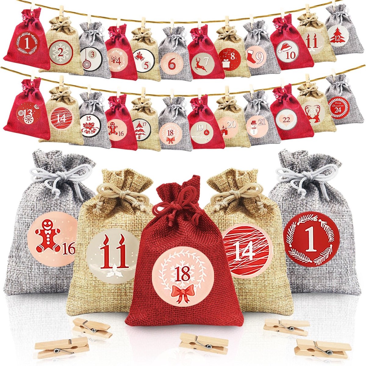 Dailygoods- Adventskalender 2025 - 24 Zakjes - Jute - Doe-het-zelf - Decoratie - Herbruikbaar - 10 x 14 cm - Kerstkalender