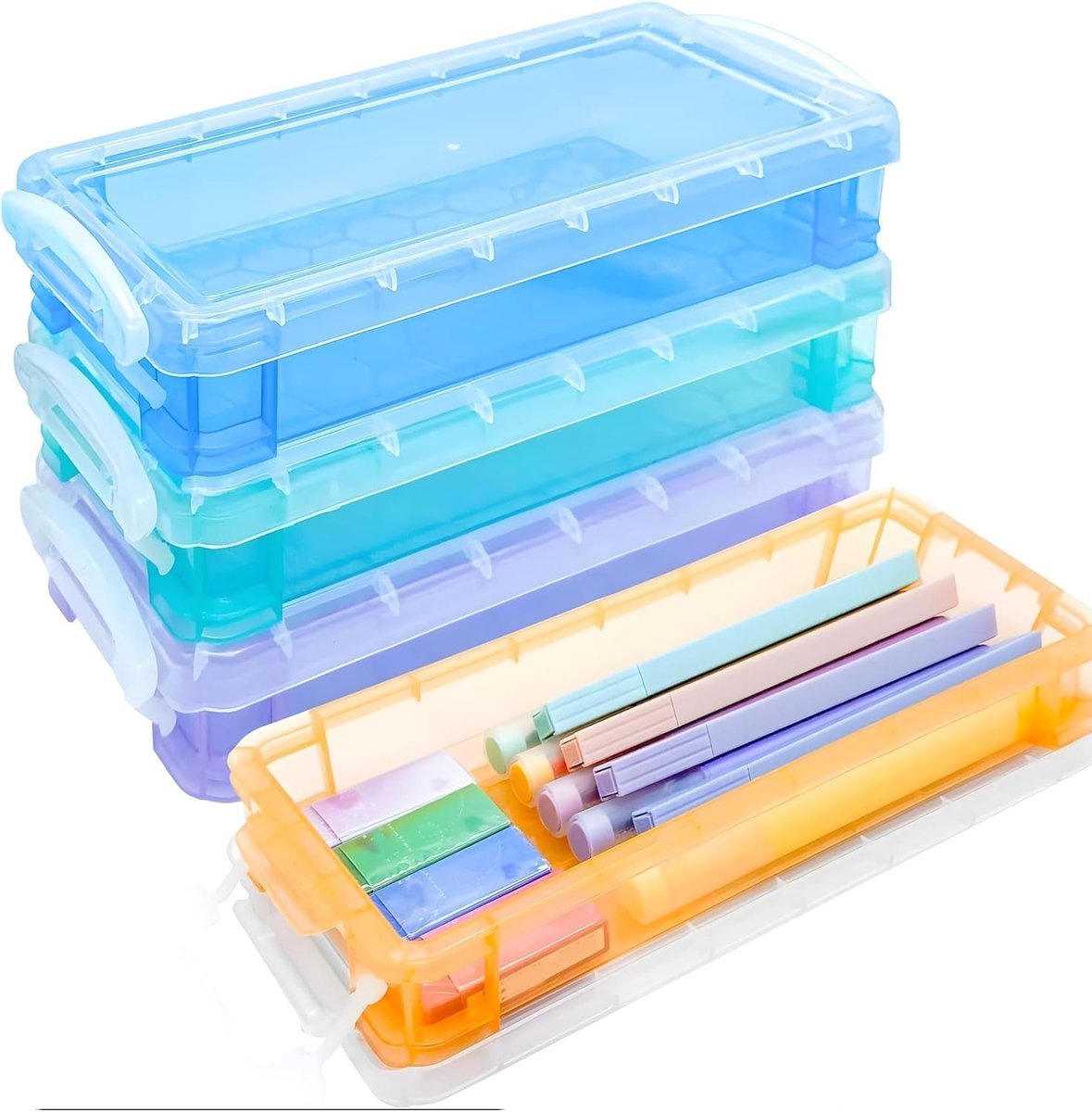 Dailygoods- Pennenbox Set van 4 - Plastic Organizer - Met Deksel - Ruimtebesparend - Transparant - Hoogwaardige Kwaliteit - Pencilcase
