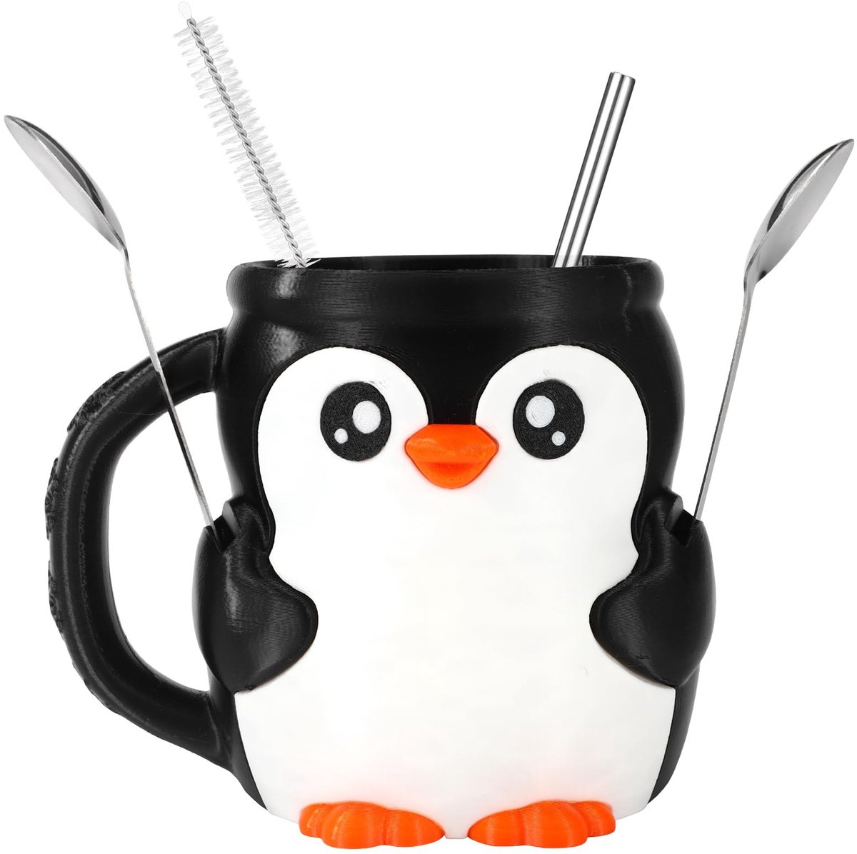 Dailygoods- IJs Pint Houder Lekdicht - Pinguïn Motief - Herbruikbare Lepels - Roestvrij Stalen Rietje - Reinigingsborstel - 3D-Print Materiaal - Ijsbeker