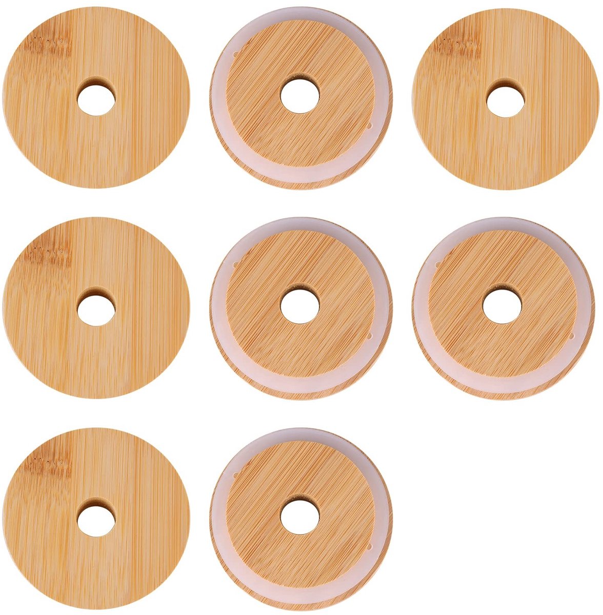 Dailygoods- Mason Jar Deksels 8 Stuks - Bamboe Deksel - Herbruikbaar - 70mm Buiten-/56mm Binnendiameter - Siliconen Ring - Lichtgewicht Materiaal - Potdeksel