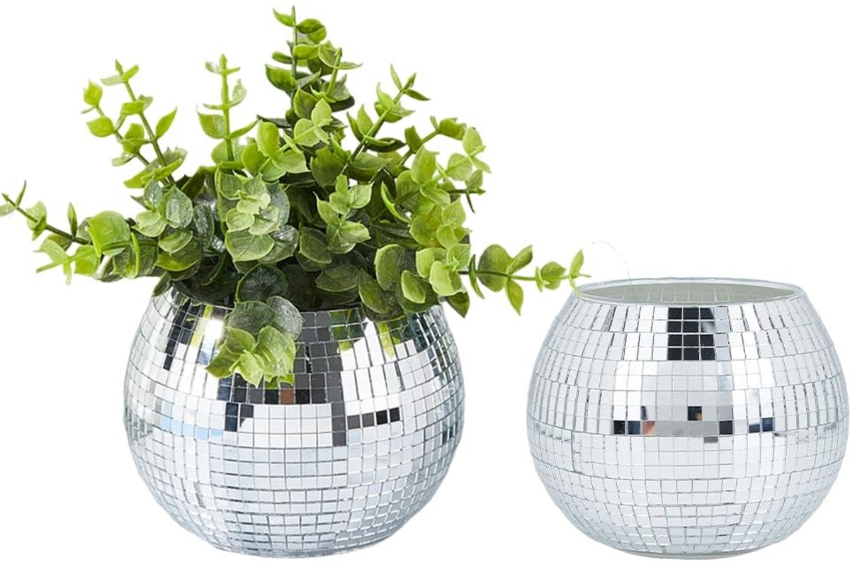 Dailygoods- Disco Bal Vaas - Ronde Bloempot - Decoratieve Vaas - Zilveren Spiegel - Glas - 11,8 x 9,5 cm