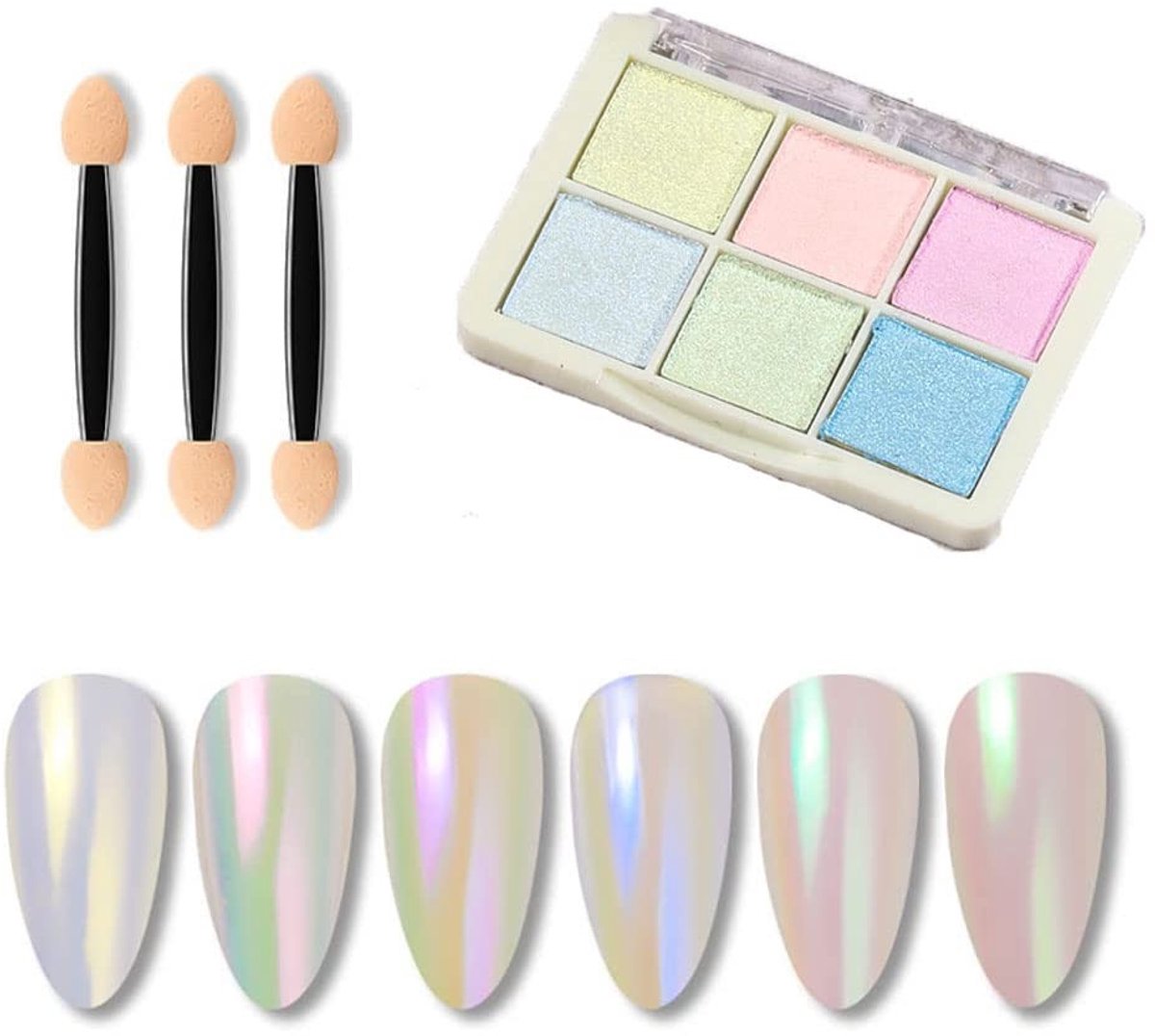 Dailygoods- Nail Poeder 6 Kleuren - Metallic/Spiegel Stijl - Nail Art - Beauty Decoratie - Opbergkoffer - Inclusief 3 Make-up Sticks - Nagelpoeder