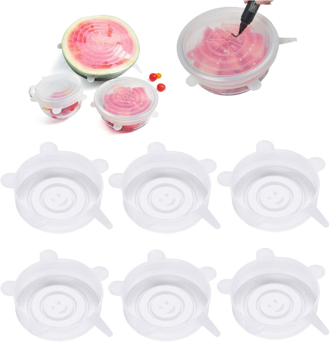 Dailygoods- Siliconen Deksels - Set van 6 - Rekbaar - Transparant - Herbruikbaar - BPA-vrij - Duurzaam Materiaal - Voedseldeksel