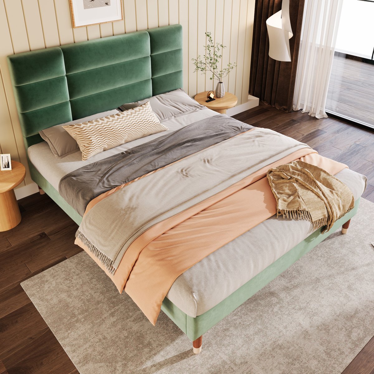 DESMIU Gestoffeerd Bed 140x200cm – 7-Zones Matras Met Middelsteun – Bedframe Met Lattenbodem – Met Opbergruimte Onder Het Bed – Voor Volwassenen En Jongeren – Fluweel – Groen Donkergroen