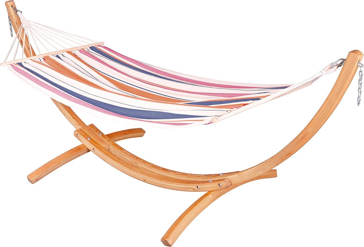 Hangmat met standaard - Buiten relaxen - Ontspannen in de tuin - Weerbestendige materialen - Tot 120 kg - Natuurlijk hout