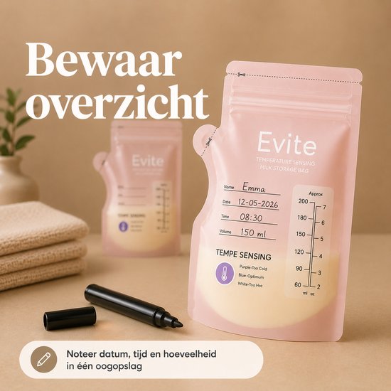 Evite Moedermelk Bewaarzakjes - Met Schenktuit - 250ML - 50 Stuks - BPA Vrij - Borstvoeding Bewaarzakje - Temperatuur Sense van Evite — afbeelding 2