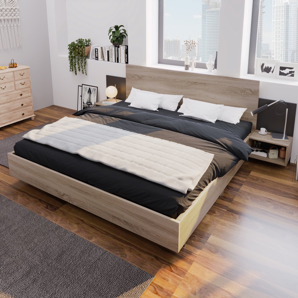 DESMIU Tweepersoonsbed 160x200cm – Massief Houten Bed met 2 Nachtkastjes – Opbergruimte Voor Slaapkamer – Sonoma Eiken en Donkergrijs – Zonder matras Houtkleur