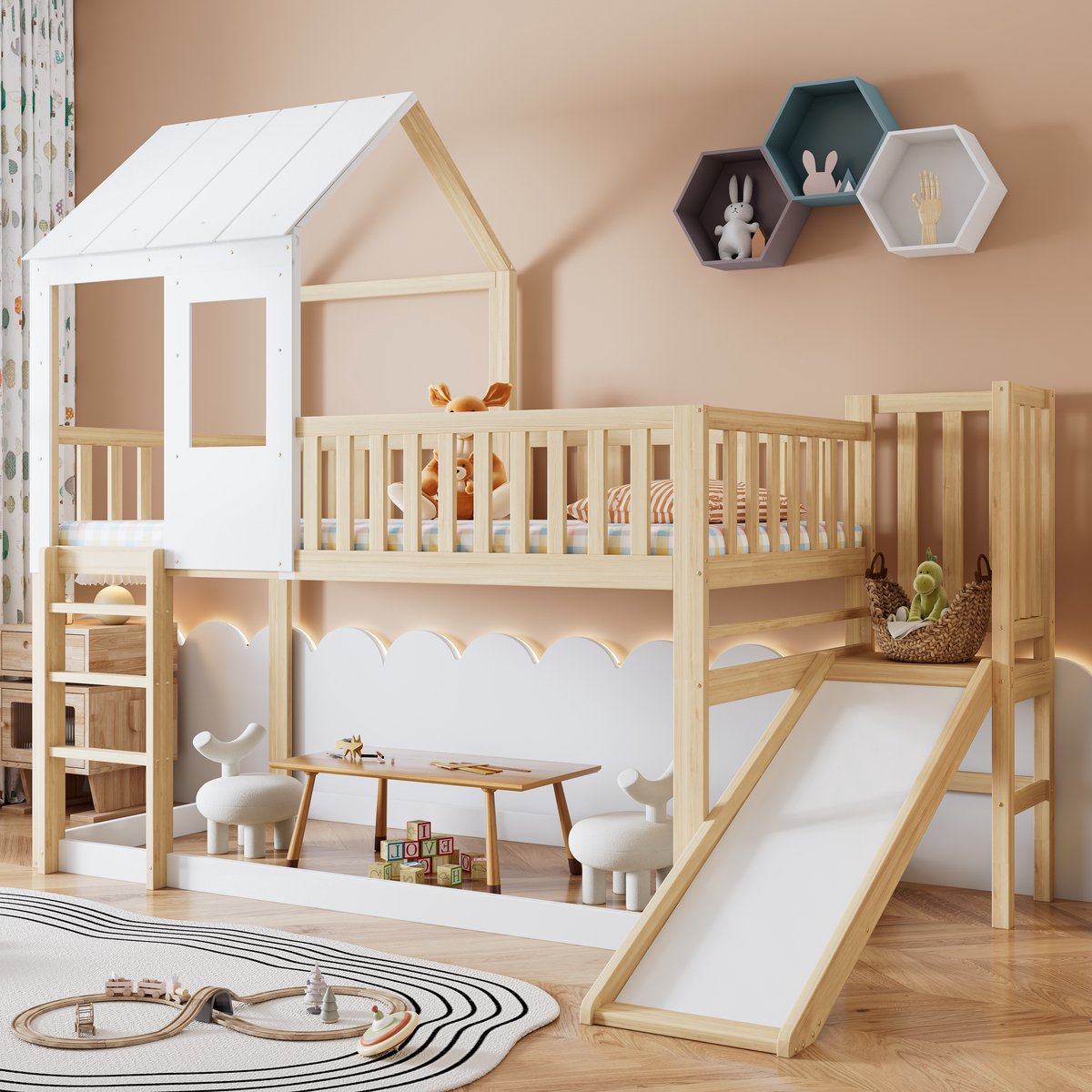 DESMIU Halfhoogslaper 90x200cm – Kinderbed met Glijbaan En Rechtshoekige Trap – Met Opbergruimte Onder Het Bed – Voor Kinderkamer – Kiefer En MDF – Natuur Wit – Zonder Matras