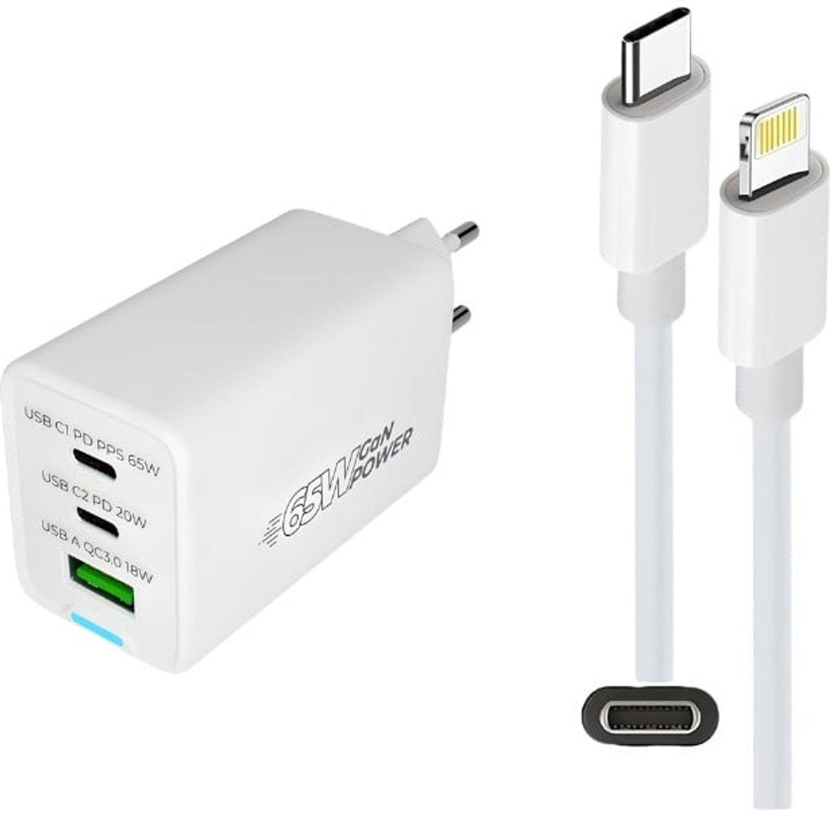 OneOne 50W super snellader met 3 poorten. Oplader met sterke 1,2m USB C naar Lightning kabel. PPS GAN PD lader adapter past op Apple iPhone 11 Pro, iPhone 11 Pro Max, iPhone 12, iPhone 12 Mini, iPhone 12 Pro, iPhone 13 Pro Max