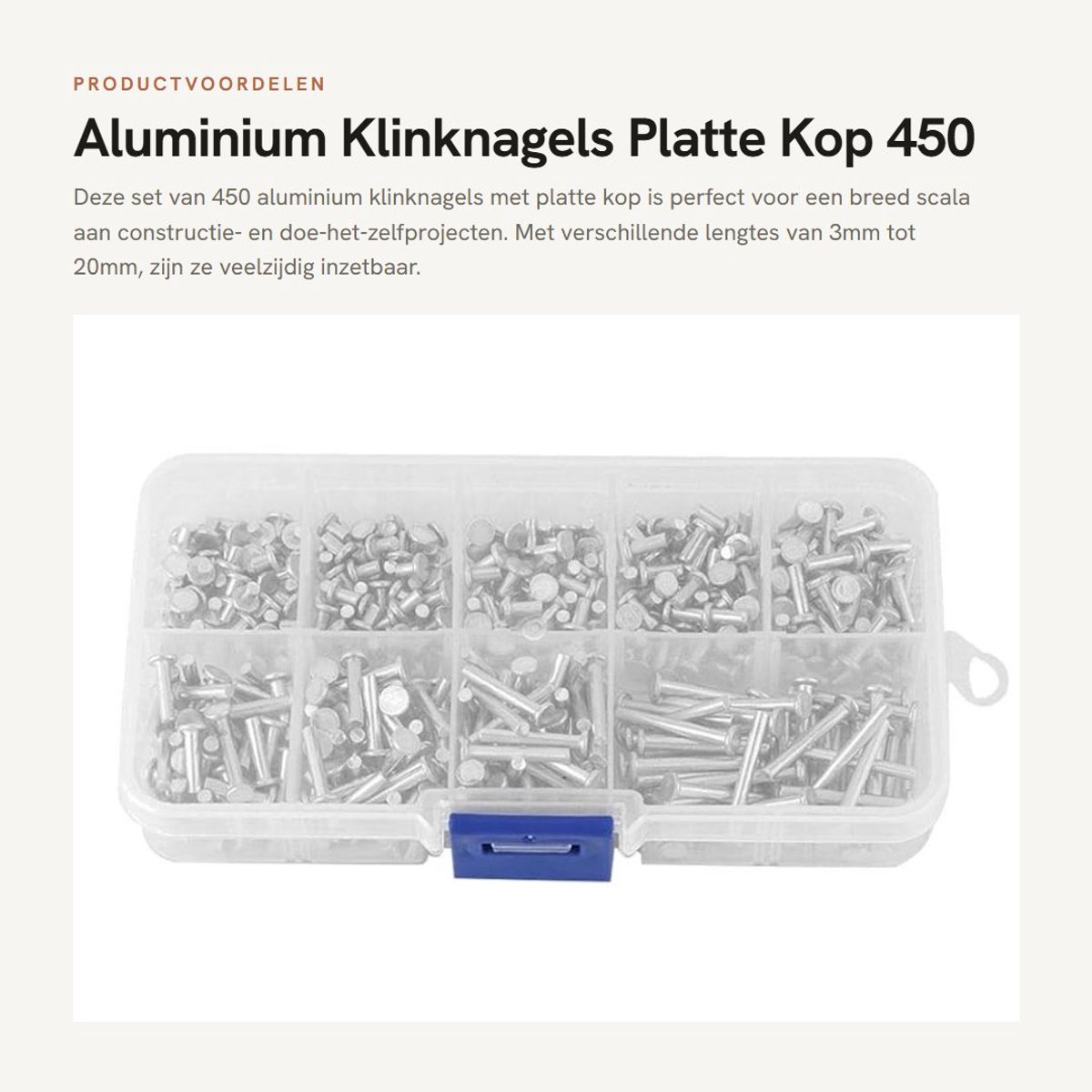 Dailygoods- Klinknagels 450 stuks - Platte Kop - Aluminium - M2.5 - 3mm/20mm - Voor Leer - Popnagels