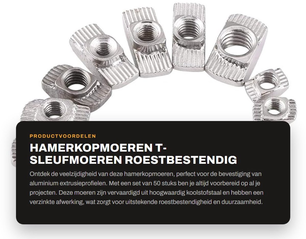 Dailygoods- T-sleufmoeren 50 stuks - Hamerkopmoeren - Koolstofstaal - Verzinkt - Roestbestendig - Hoge hardheid - Moeren