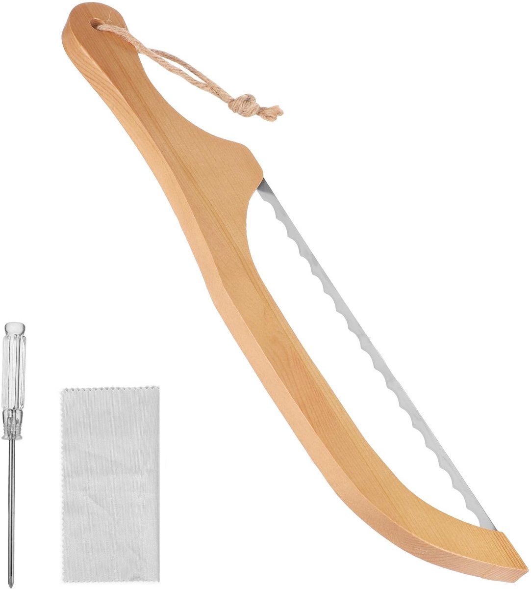 Dailygoods- Broodboogmes 39,8cm Roestvrij Staal - Gekartelde Snijmachine - Houten Handvat - Multifunctioneel Gereedschap - Inclusief Opbergtas - Voor Zelfgebakken Brood - Broodsnijder