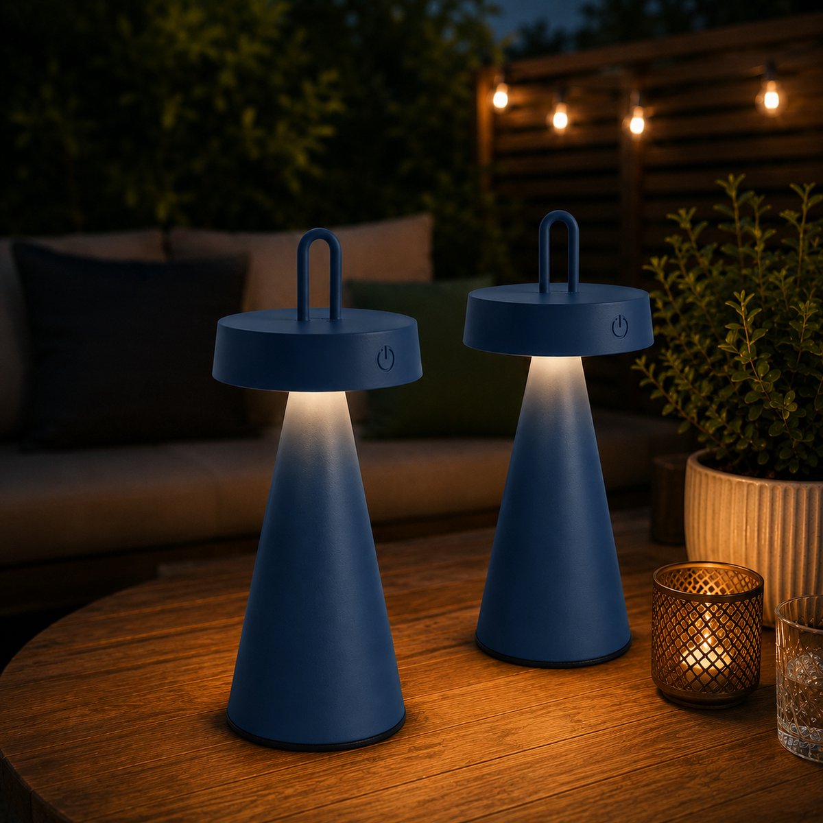 Set van 2 Oplaadbare LED Buiten Tafellamp - Tafellampen & Hanglampen Blauw – Dimbaar – USB-C – IP44 Waterdicht – 7 Uur Brandduur – Aluminium – Warm Wit 2700K