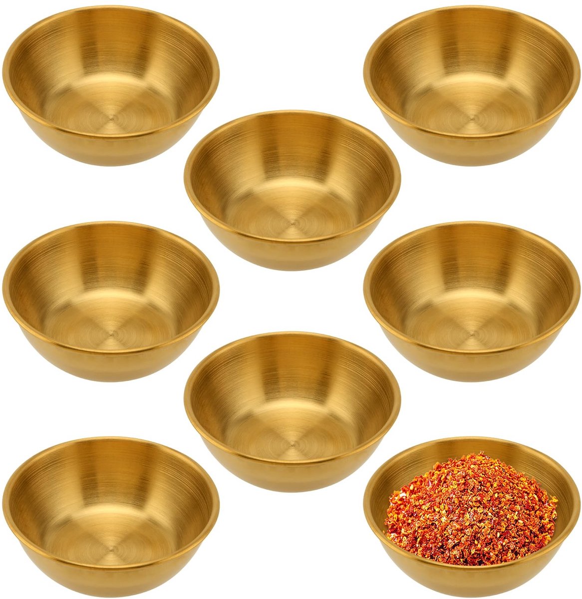 Dailygoods- Dompelkommen 8 Stuks - Gouden Roestvrijstalen Kommen - Dipsaus/Specerijen - Ronde Serveerschalen - Stapelbaar - Vaatwasmachinebestendig