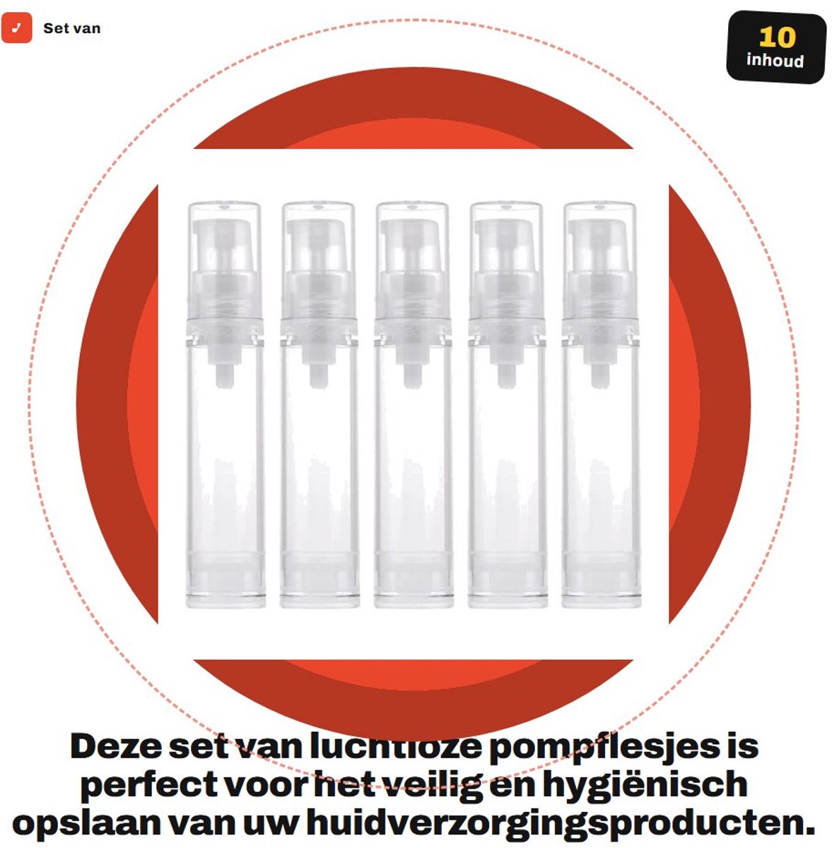 Dailygoods- Pompfles Luchtloos 10ml - Set van 5 - Navulbaar - Kunststof - Besmettingsvrij - Vermindert afval - Cosmeticafles