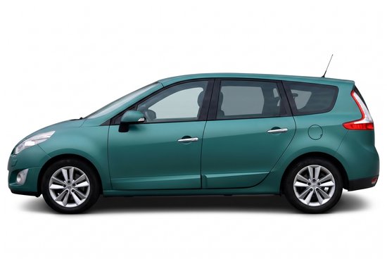 Zijaanzicht van een groene Renault Scenic/Grand Scenic 3, model 2009-2016.