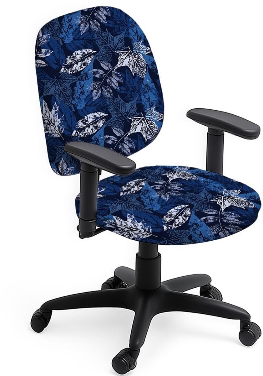 Dailygoods- Bureaustoelhoes 2 Stuks - Rekbare Stoelhoezen - Getextureerde Bladeren - Blauwe Bladeren - Universele Bureau Stoelen - Bescherming tegen Stof - Stoelhoes