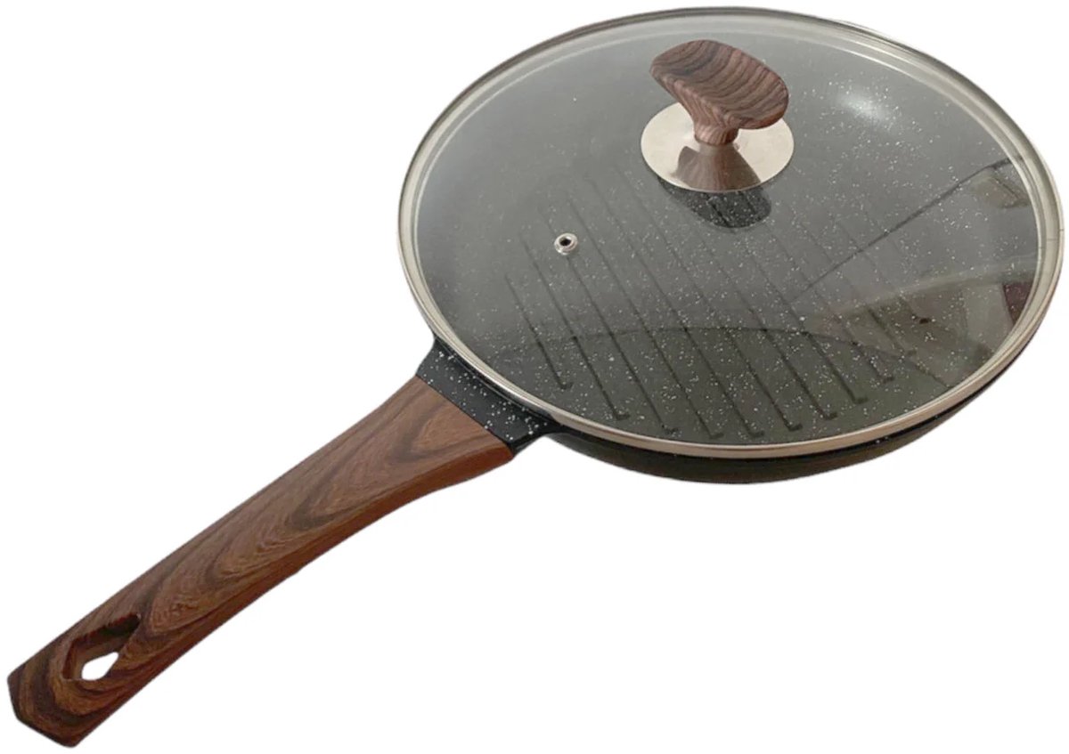Grillpan - Aluminium Grillpan met Deksel - Inductie Geschikt - Antiaanbaklaag - Houten Handgreep - Rond - Ø26cm - Zwart
