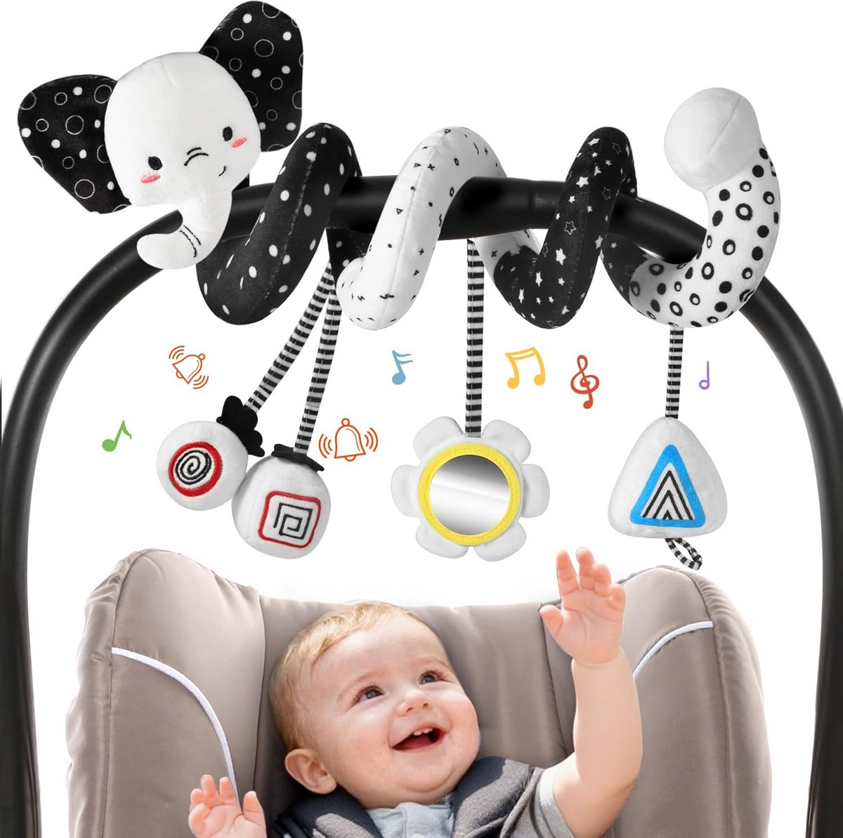 Kinderwagenspeelgoed Spiraal - Baby Activiteitsspeelgoed - Baby Ontwikkeling - Hoog Contrast Zwart-Wit - 50 cm - Zwart-Wit
