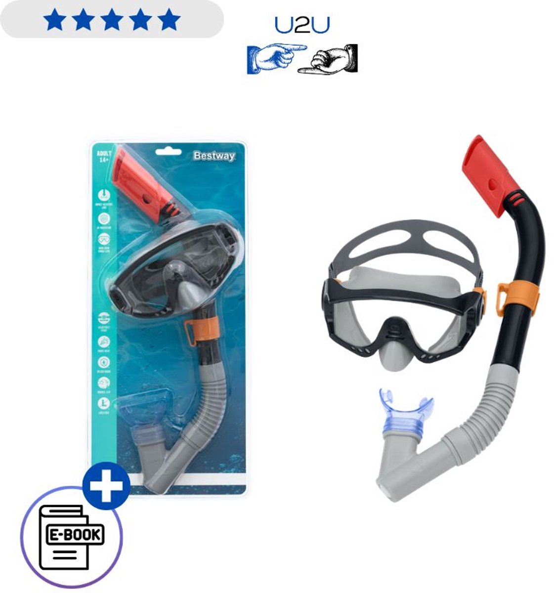Bestway Duikset 24068 Zwart Masker Met Snorkel 14+ Snorkelset Gehard Glas UV Bescherming Verstelbare Band Comfort Duikset Latexvrij Met Ebook