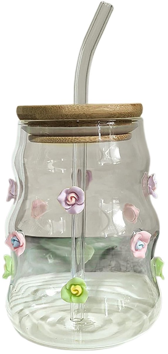 Dailygoods- Glazen Beker - Golfvormige Drinkbeker - Deksel/Rietje