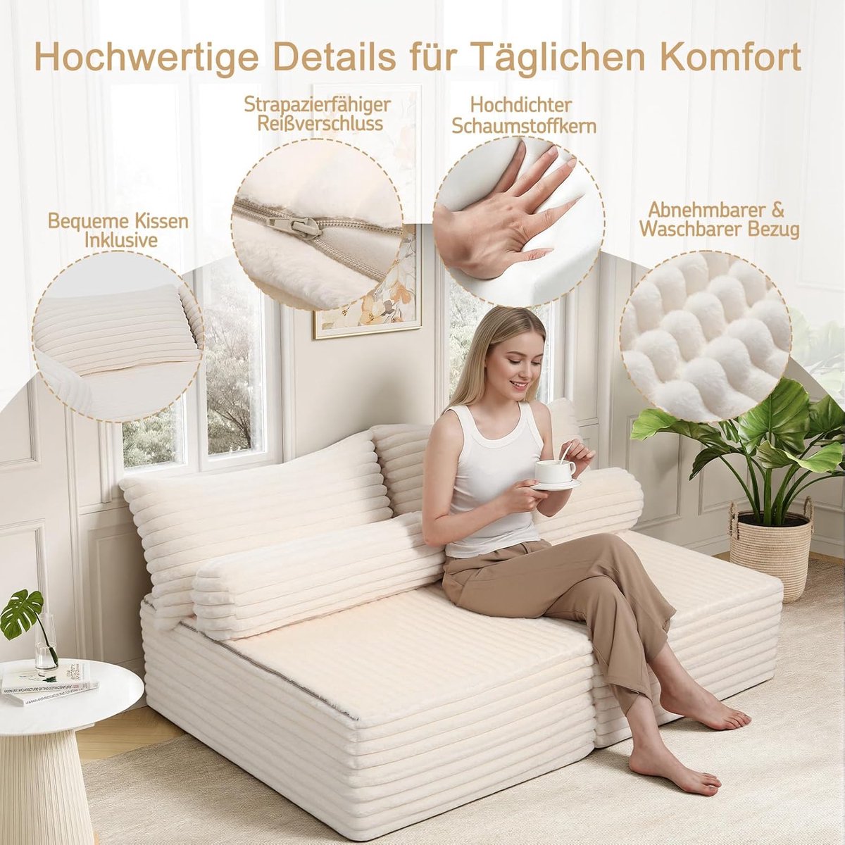 Opvouwbare Vloerbank Slaapbank 203 x 76,3 x 30 cm – 2-in-1 Uitklapbare Logeerbed Bank met 2 Kussens – Schuimmatras Hoge Dichtheid – Ruimtebesparende Loungesofa voor Woonkamer, Slaapkamer, Studentenkamer & Logeerkamer – Beige – Mobili Bella