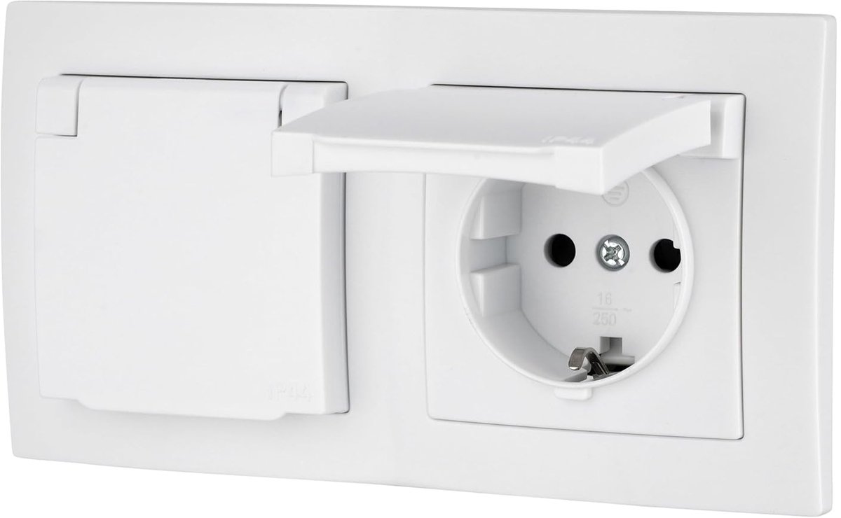 Inbouw stopcontact - Dubbel wandcontactdoos - Vochtige ruimtes - Steekklemsysteem - IP44 - Wit