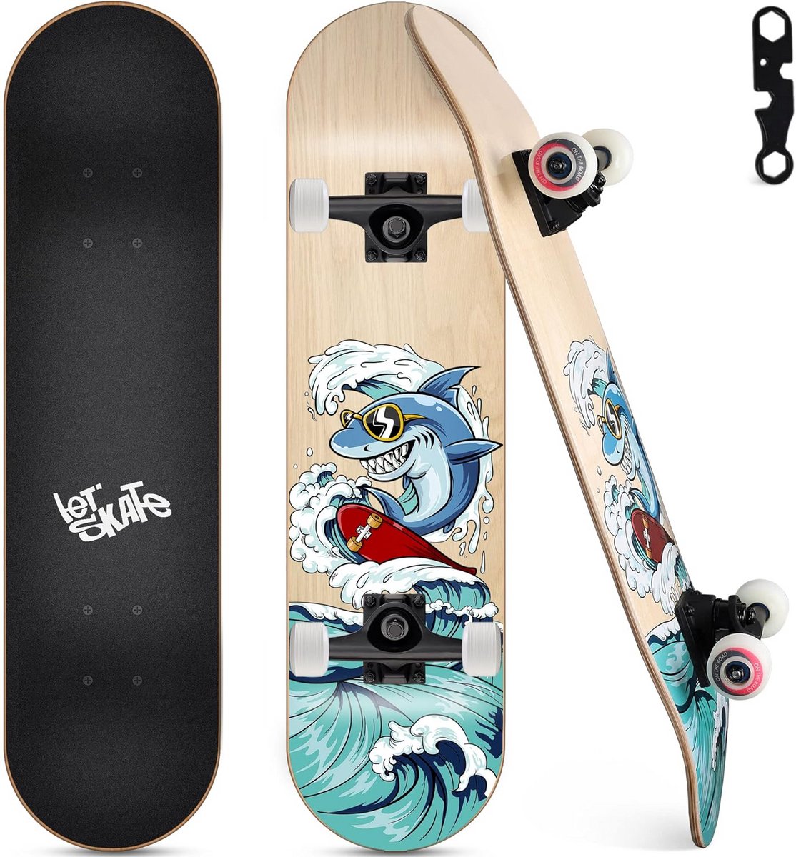 Compleet Skateboard Beginnersboard Straat en park 7-laags esdoorn 787 cm Haai design