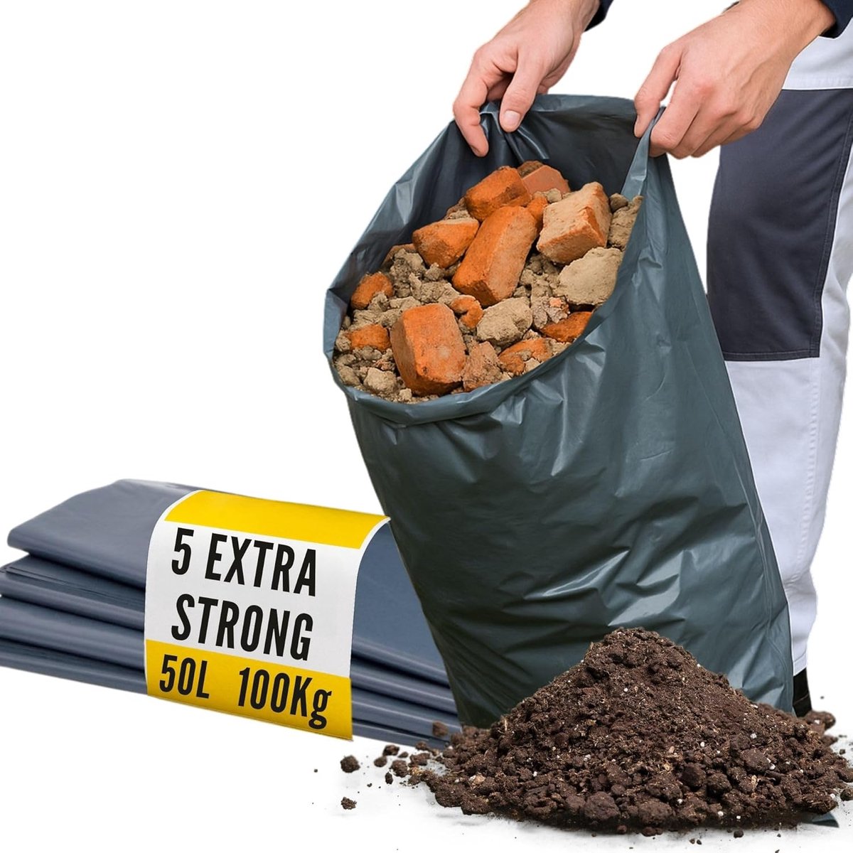 Puinzakken - Zware zakken - Zwaar werk - Extra sterk - 80 Liter - Grijs