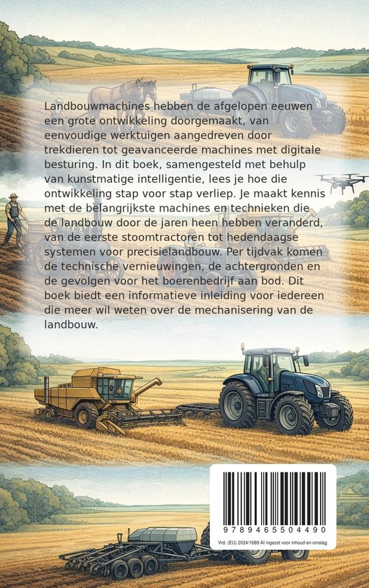 Boekomslag met tekst over de evolutie van landbouwmachines. Twee afbeeldingen van moderne landbouwmachines.
