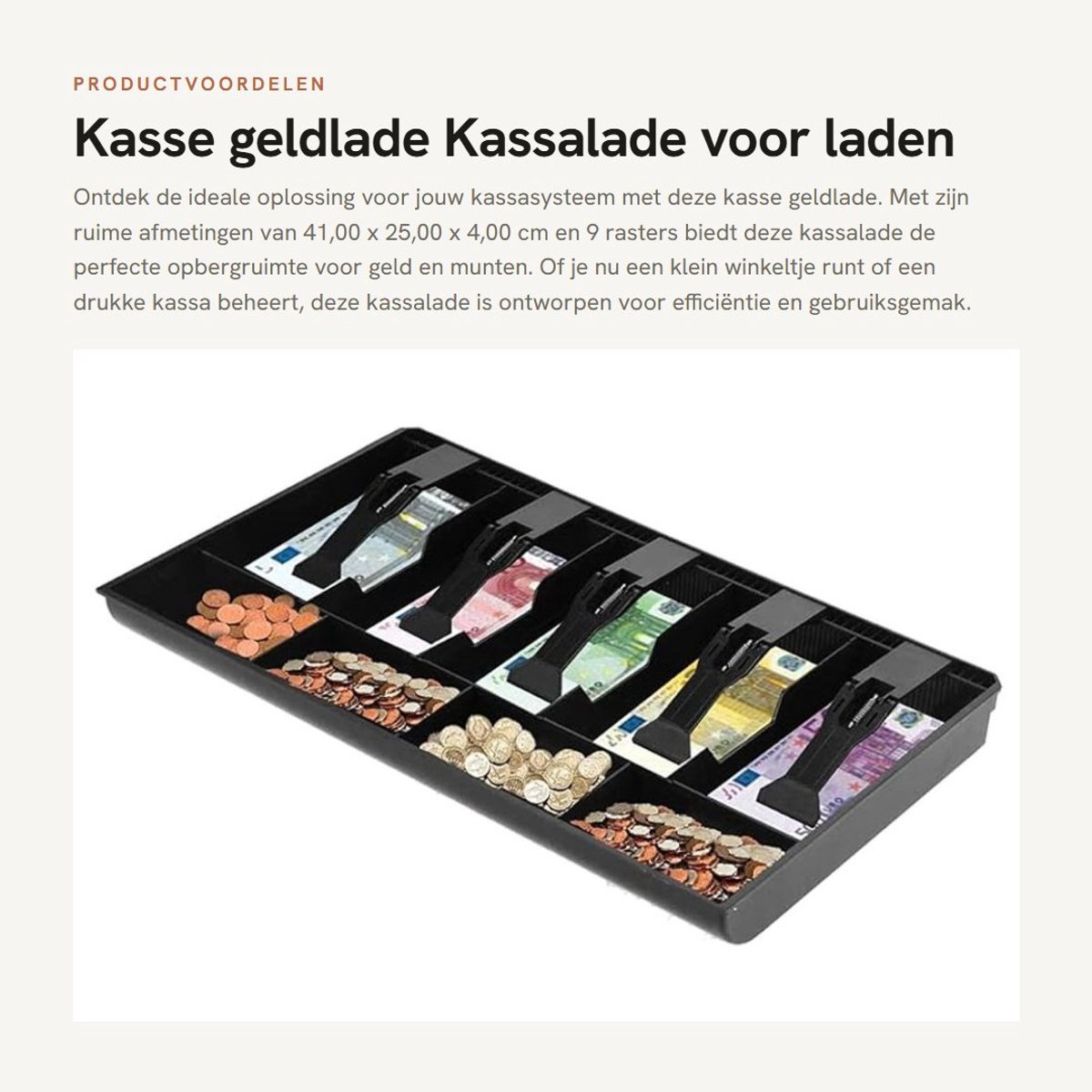 Dailygoods- Kassalade 41 x 25 x 4 cm - Handmatige Kassa - Uitneembare Geldlade - 9 Rasters - 5 Biljetten/4 Muntenlade - Schokbestendig