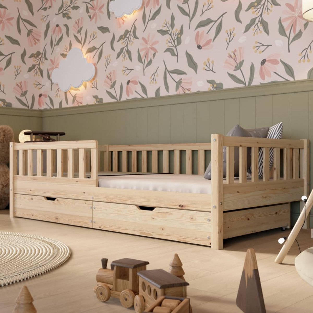 Kinderbed met Laden - Peuterbed Vloerbed - Veilige Slaap - Massief Hout - 190x90 cm - Natuurlijk