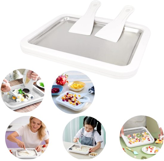 IJskoekenpan - Smoothiemaker - Yoghurtvriespan - Geen elektriciteit nodig - Handmatig IJsmachine - Vierkante roestvrijstalen plaat - Inclusief ijskoekenspatel - Voor het maken van smoothies, yoghurt, ijsblokjes, ijs (22,5*17,5 cm - Wit)