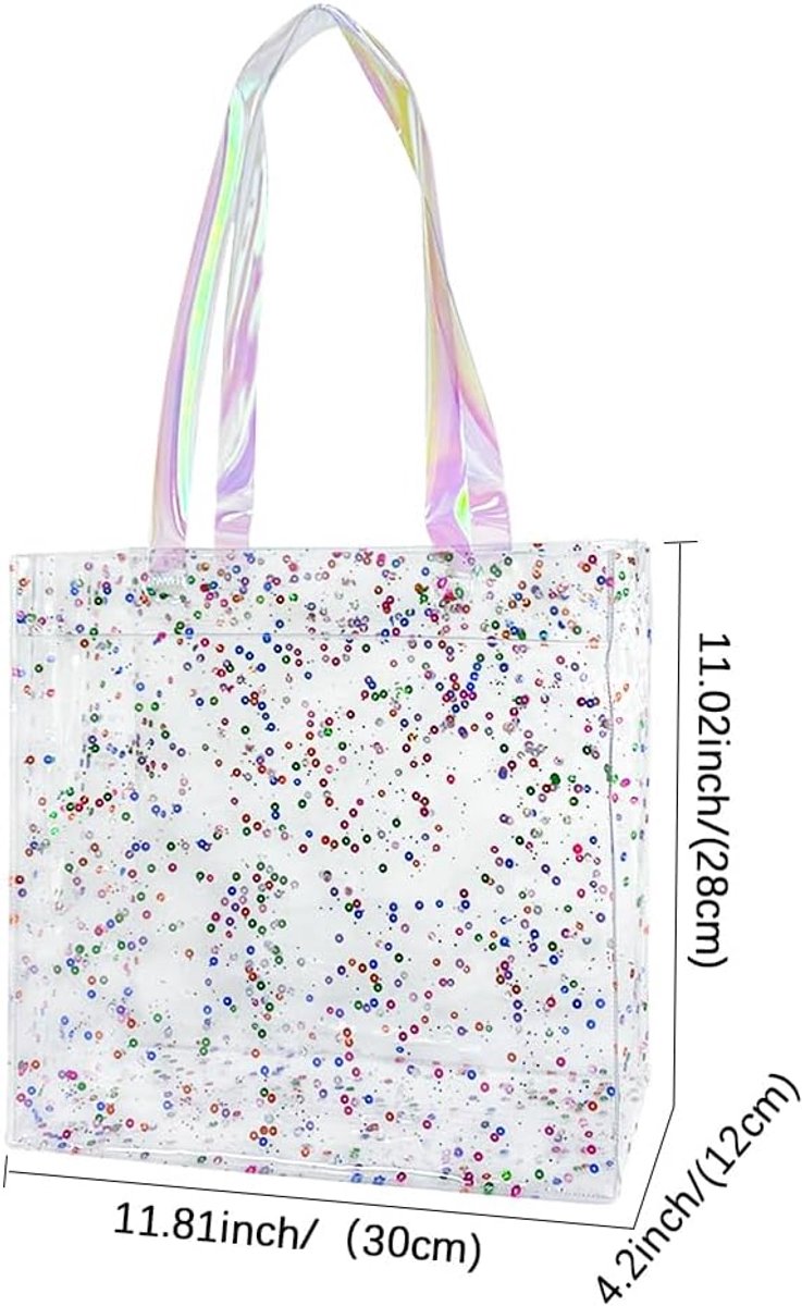 Strandtas PVC - Transparante tas - Dagen aan zee - Glitter confettie details - 30 x 28 cm - Helder holografisch