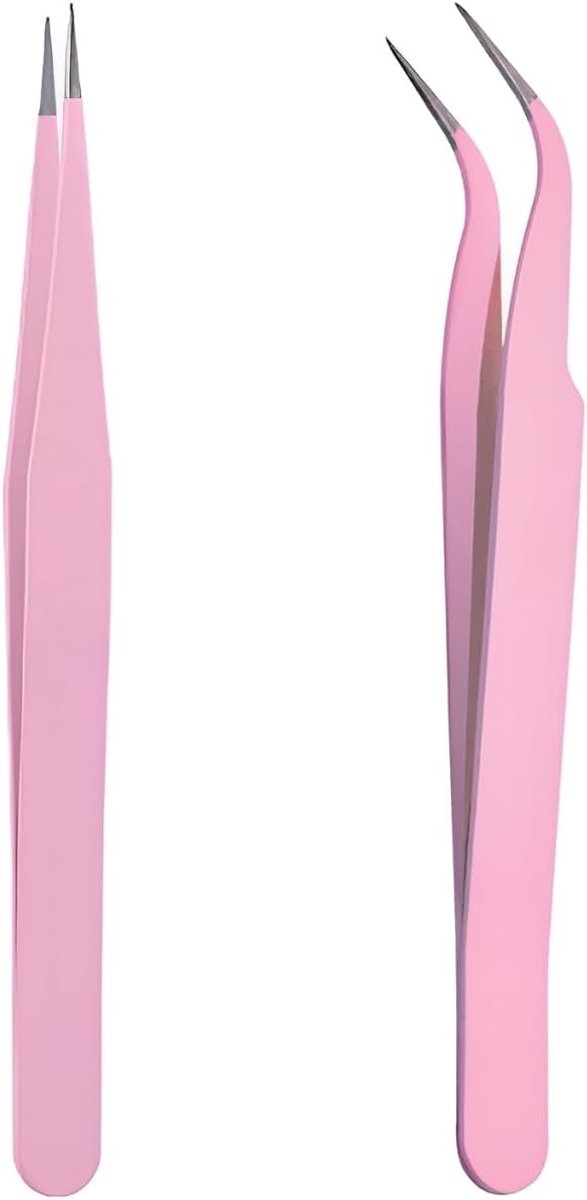 Pincet set - Recht gebogen - Nauwkeurig ontharen - Roestvrij staal - 2 stuks - Roze