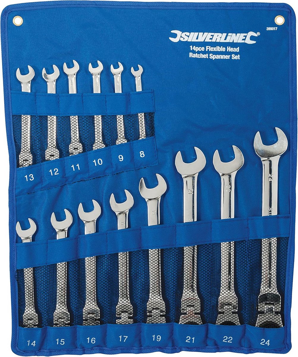 Ratelsleutel Set - Flexibele Sleutels - Klus Klussen - 180 Graden Draaibare Kop - 14 Stuks - Zilver