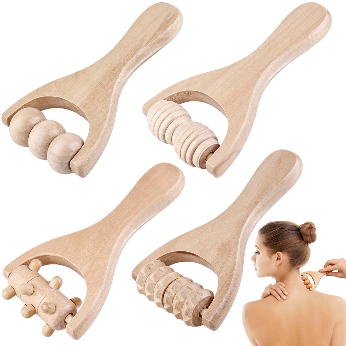 Dailygoods- Massageroller met Handvat - Houten Massageroller - Rugspierroller - Fasciarol - 4 Stuks - Voor Ontspanning van Spieren - Massagehulpmiddel